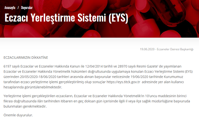 ECZACI YERLEŞTİRME SİSTEMİ (EYS) SONUÇLARI HAKKINDA