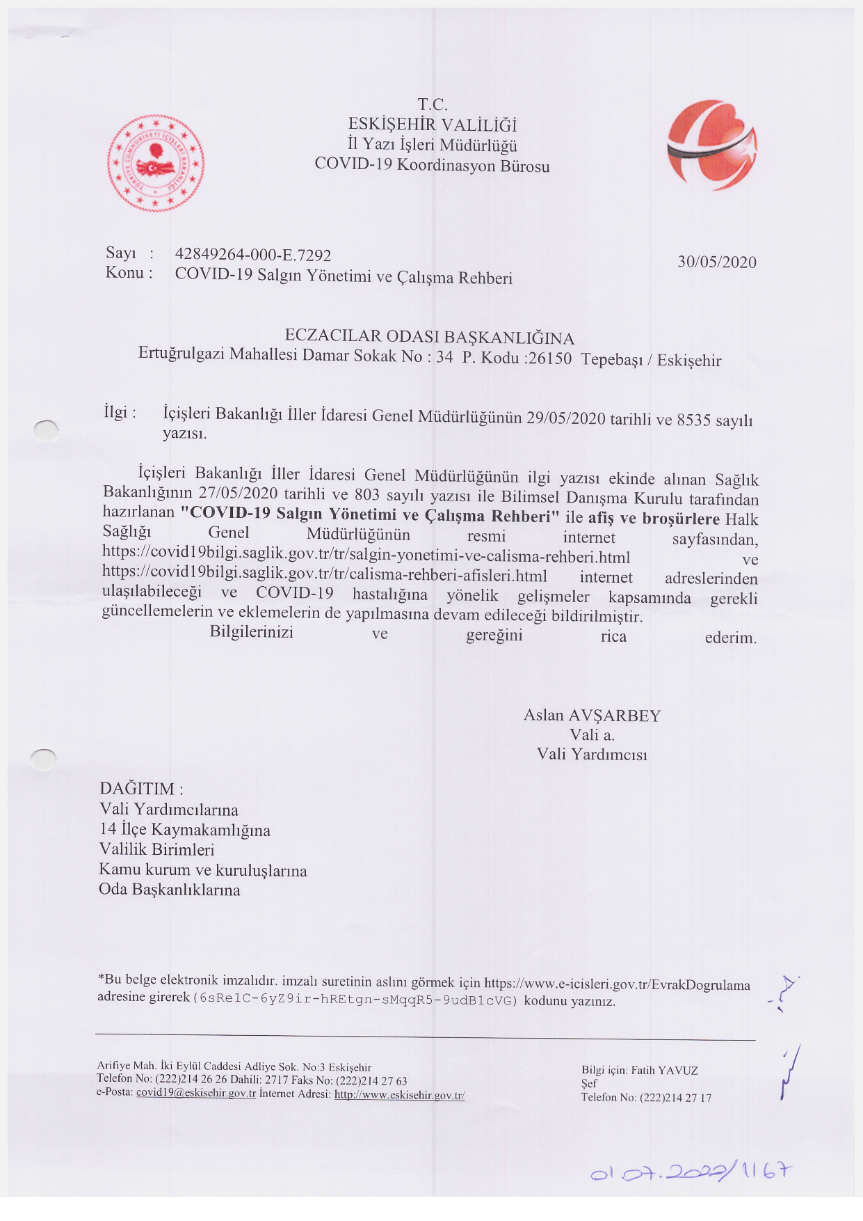 Eskişehir Valiliği'nin “COVID-19 Salgın Yönetimi ve Çalışma Rehberi” Konulu Yazısı 