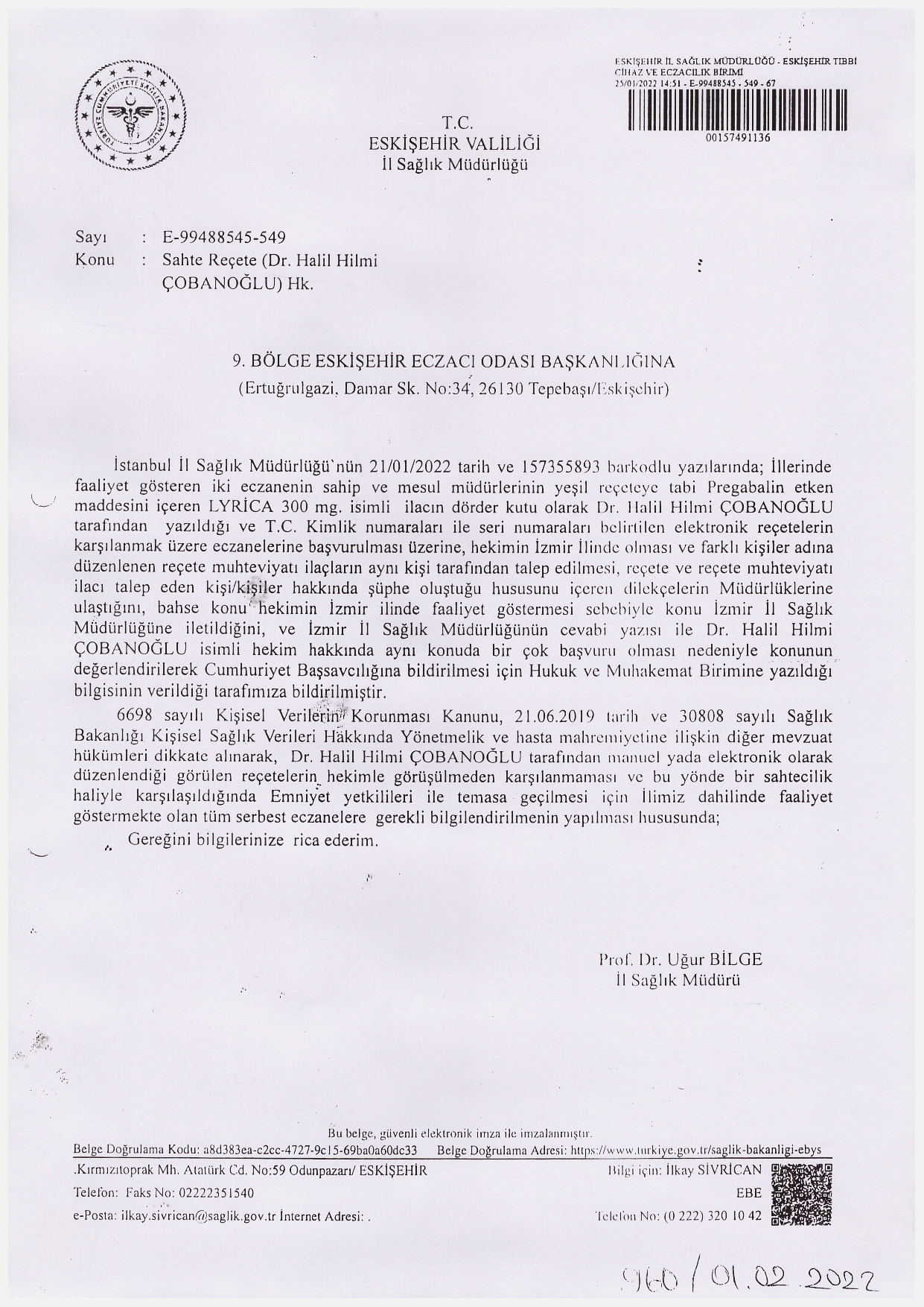 Sahte Reçete (Dr. Halil Hilmi ÇOBANOĞLU) Hak. 