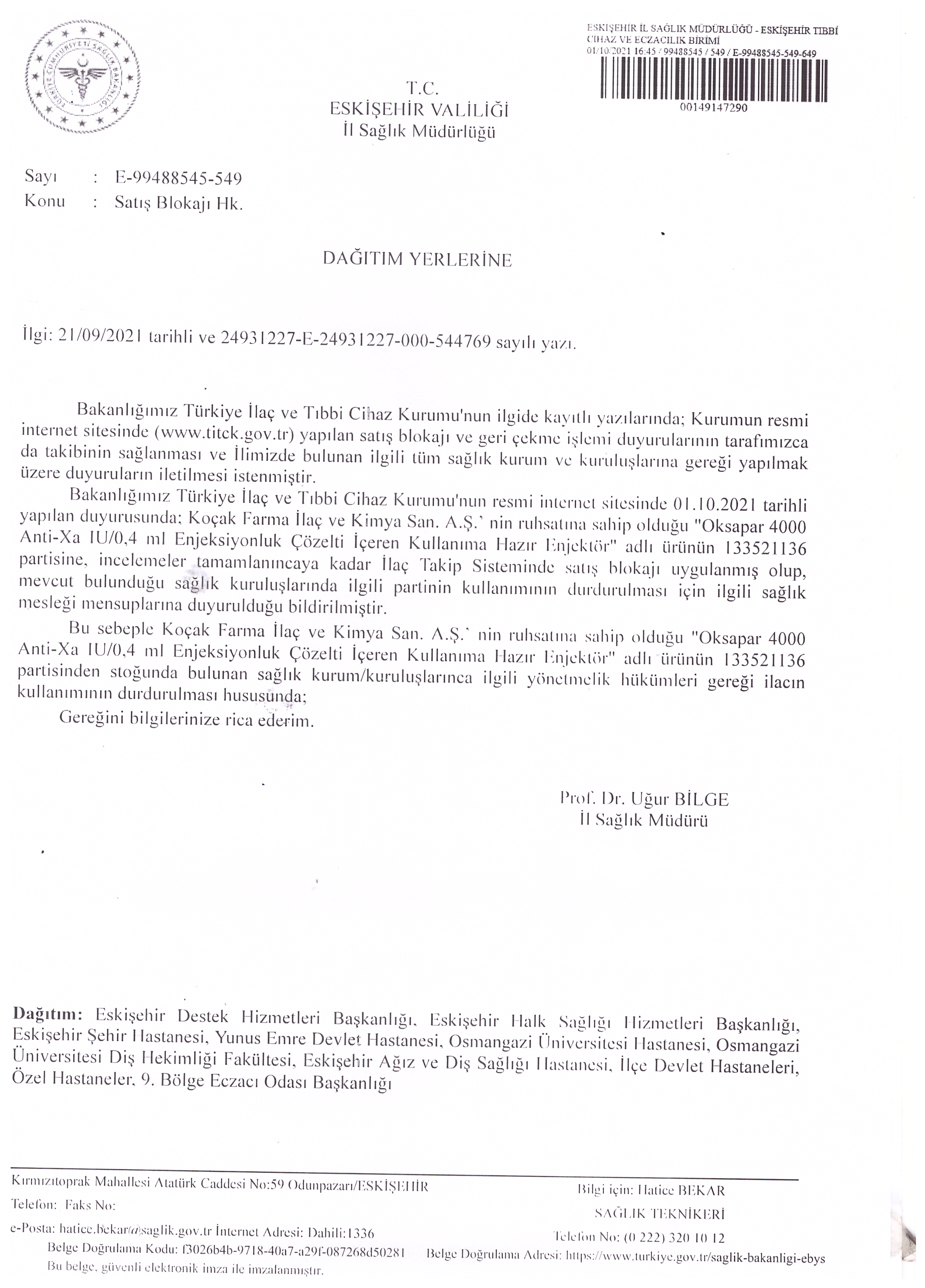 İl Sağlık Müdürlüğü'nün Satış Blokajı Konulu Yazısı 