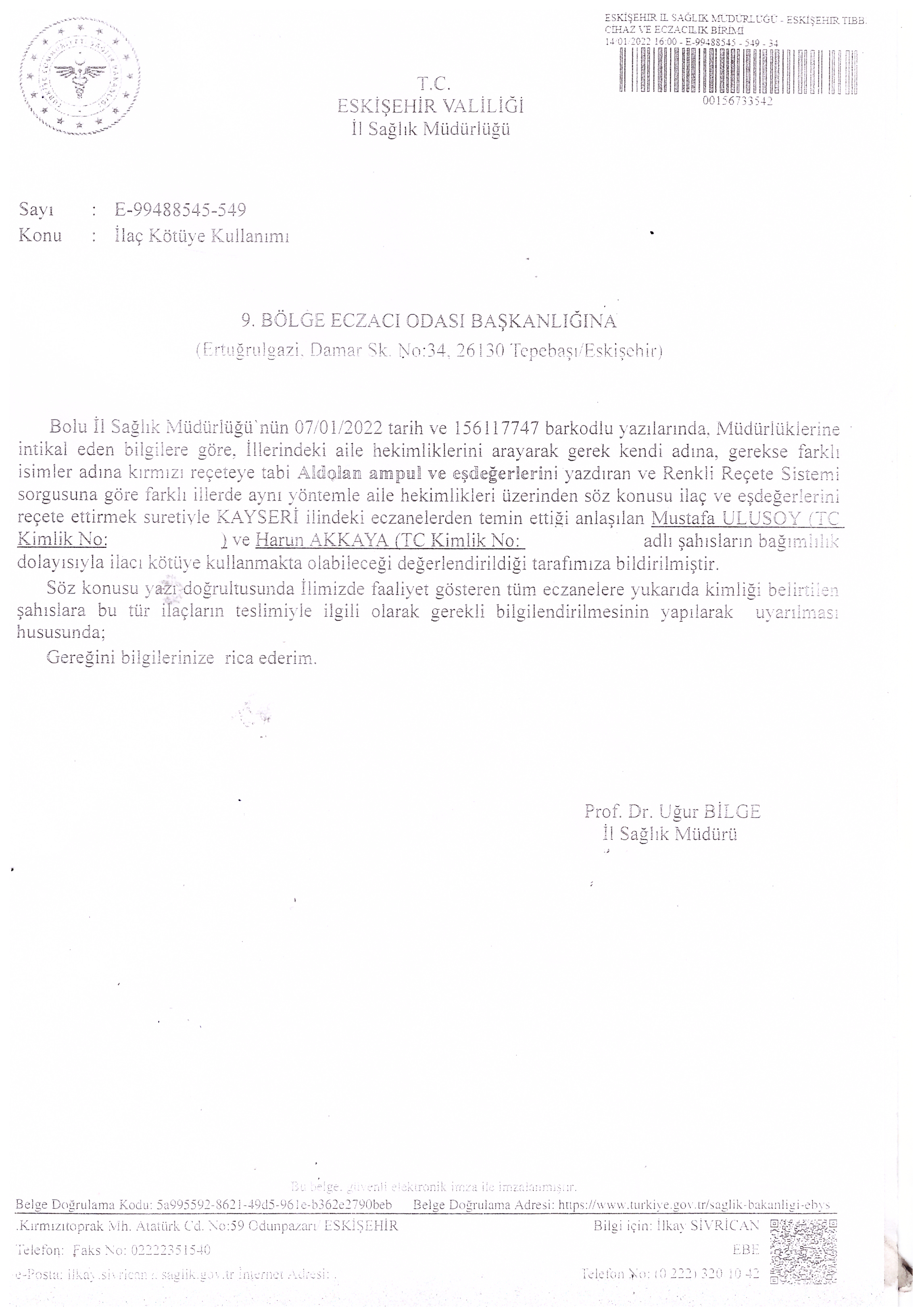 İl Sağlık Müdürlüğü'nün İlaç Kötüye Kullanımı Konulu Yazısı 