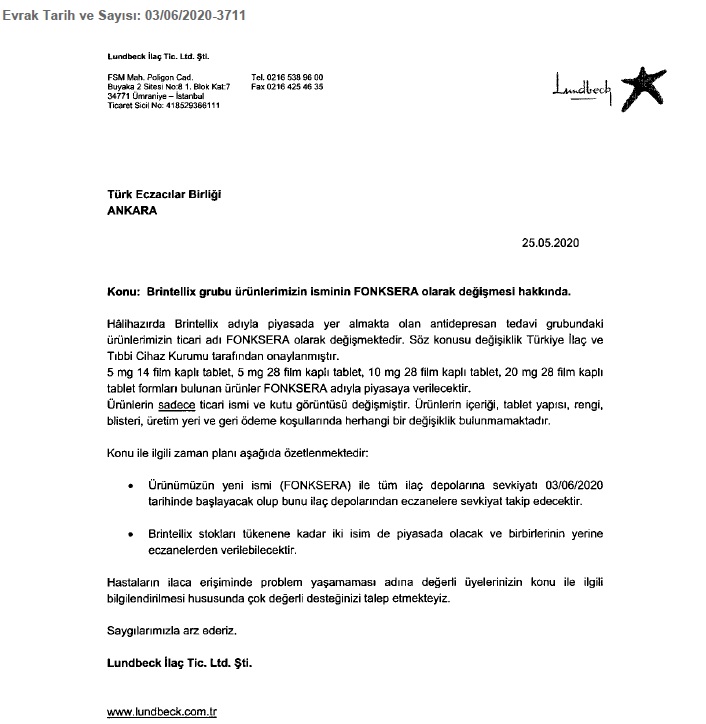 “BRİNTELLİX” GRUBU ÜRÜN İSİMLERİNİN “FONKSERA” OLARAK DEĞİŞMESİ HAKKINDA