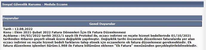 Medula Sistemi’nde Yayımlanan Ekim 2021-Şubat 2022 Fatura Dönemleri İçin Ek Fatura Düzenlenmesi Konulu Duyuru Hakkında