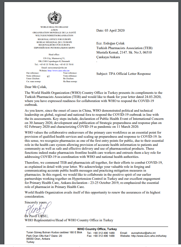 DÜNYA SAĞLIK ÖRGÜTÜ TÜRKİYE OFİSİ BAŞKANINDAN MEKTUP