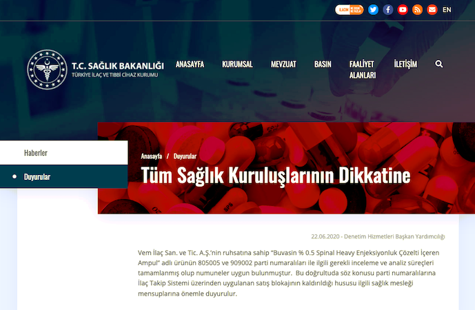 İLAÇ TAKİP SİSTEMİ’NDE SATIŞ BLOKAJI KALDIRILAN ÜRÜNLERE İLİŞKİN TİTCK DUYURULARI