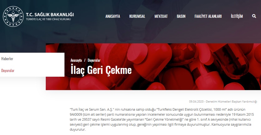 TURKFLEKS DENGELİ ELEKTROLİT ÇÖZELTİSİ 1000 ML ADLI ÜRÜNE UYGULANAN GERİ ÇEKME İŞLEMİ HAKKINDA